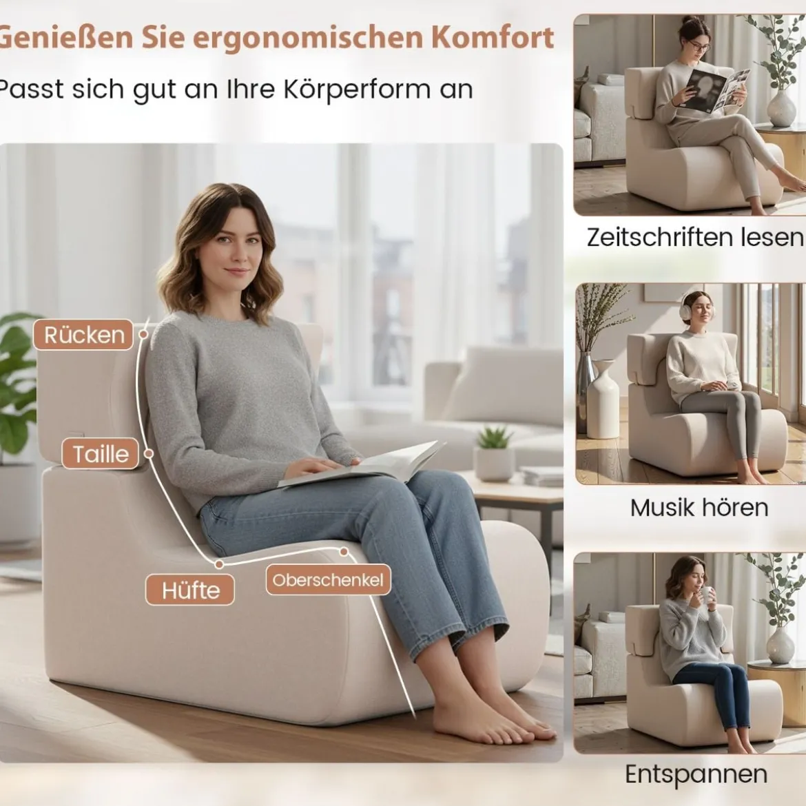 Bodensessel für Erwachsene Lazy Sofa mit abnehmbarem Kopfstütze waschbarer Eisveloursbezug Beige