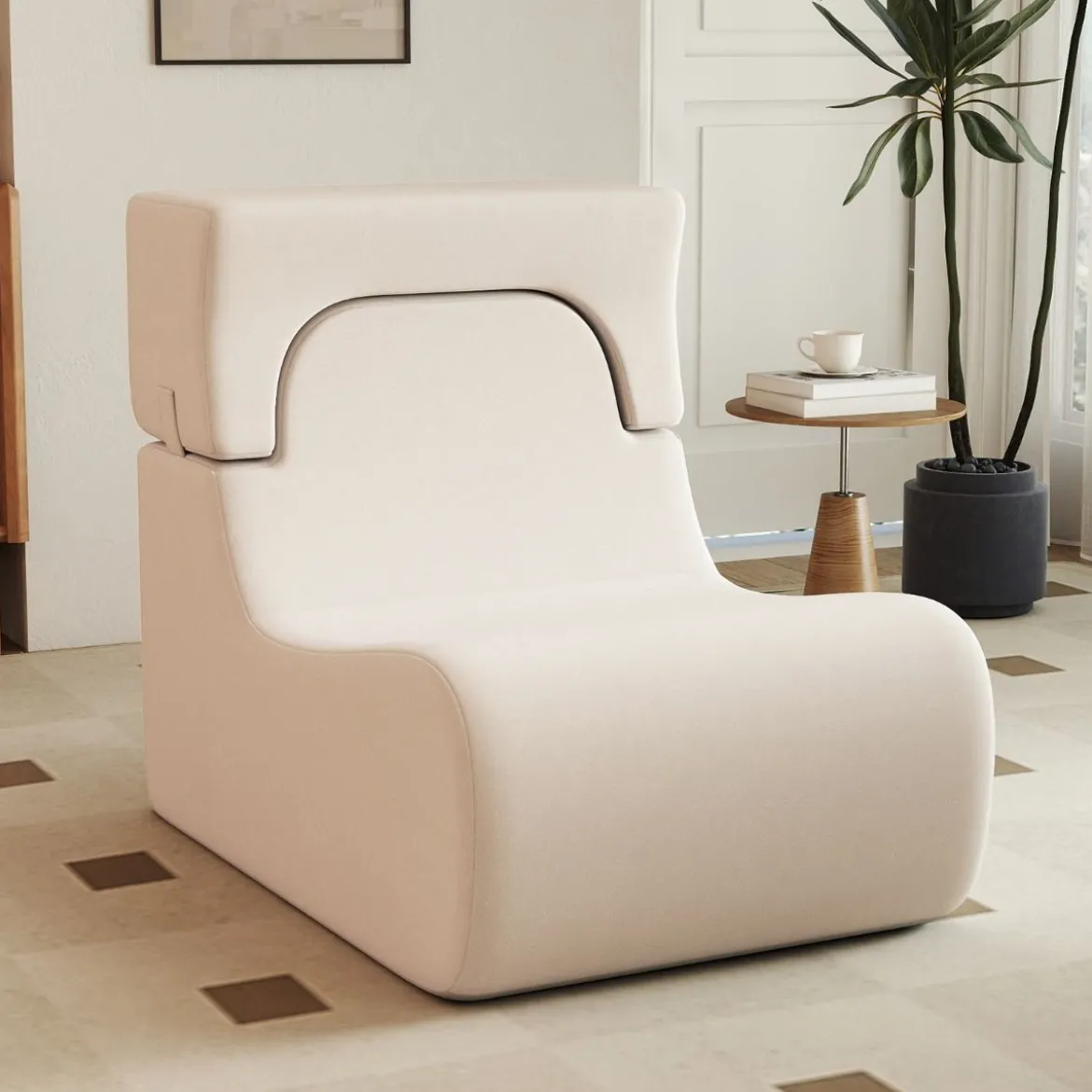 Bodensessel für Erwachsene Lazy Sofa mit abnehmbarem Kopfstütze waschbarer Eisveloursbezug Beige