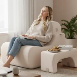 Bodensessel für Erwachsene Lazy Sofa mit abnehmbarem Kopfstütze waschbarer Eisveloursbezug Beige