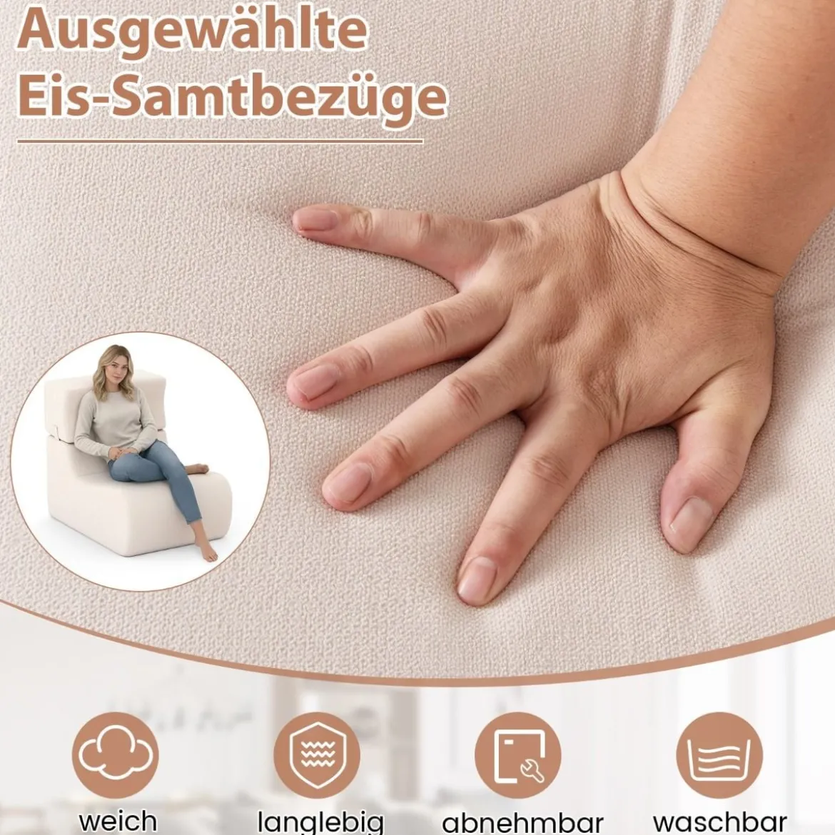 Bodensessel für Erwachsene Lazy Sofa mit abnehmbarem Kopfstütze waschbarer Eisveloursbezug Beige