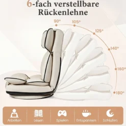 Bodensessel Klappbar mit 6-fach Verstellbarer Rückenlehne 55 x 55-117 x 20-76 cm Beige