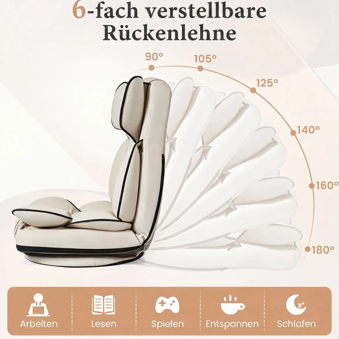 Bodensessel Klappbar mit 6-fach Verstellbarer Rückenlehne 55 x 55-117 x 20-76 cm Beige