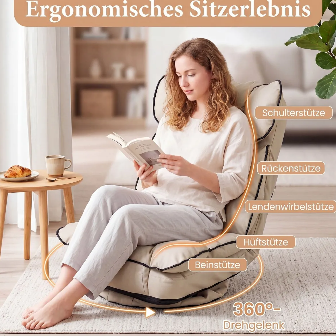 Bodensessel Klappbar mit 6-fach Verstellbarer Rückenlehne 55 x 55-117 x 20-76 cm Beige