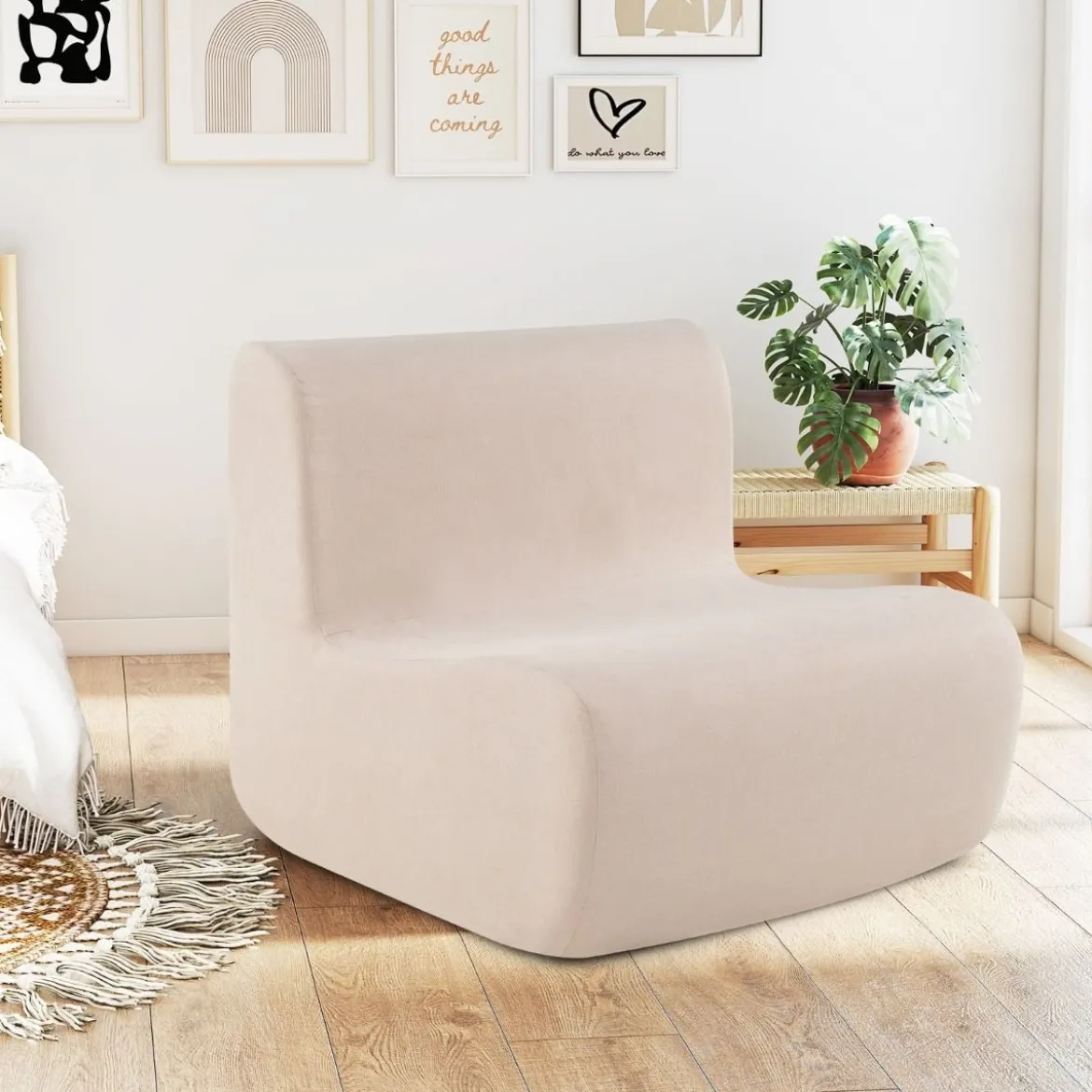 Bodensessel mit Rückenlehne & Weichem Samt & Ergonomischer Unterstützung Bodenstuhl Beige