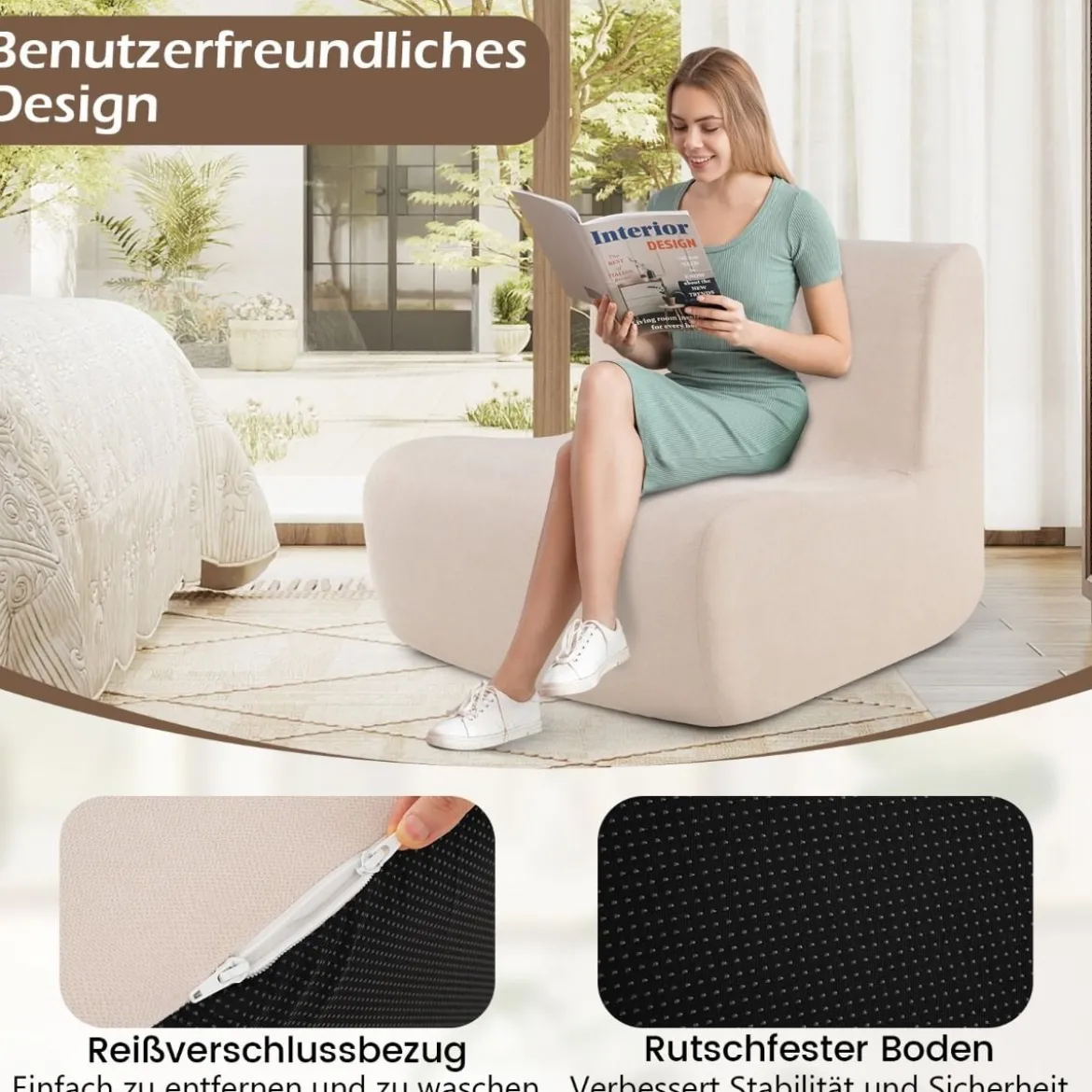 Bodensessel mit Rückenlehne & Weichem Samt & Ergonomischer Unterstützung Bodenstuhl Beige