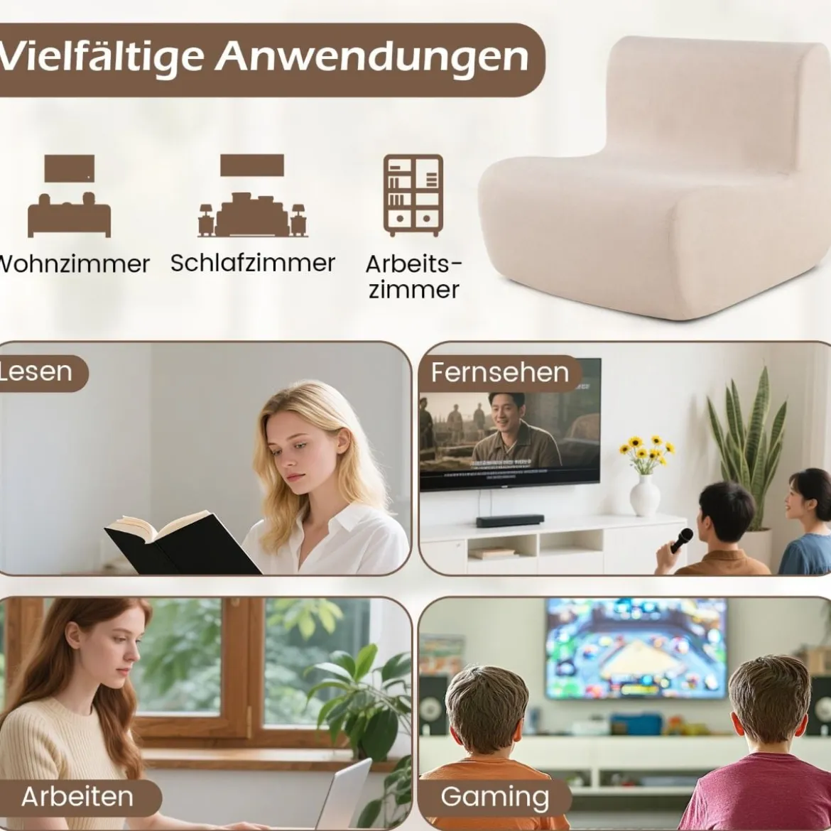 Bodensessel mit Rückenlehne & Weichem Samt & Ergonomischer Unterstützung Bodenstuhl Beige