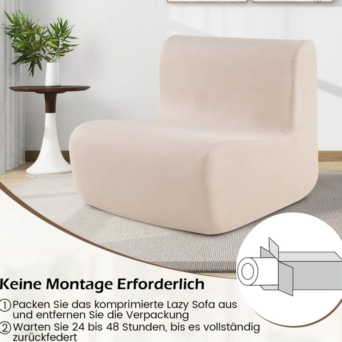 Bodensessel mit Rückenlehne & Weichem Samt & Ergonomischer Unterstützung Bodenstuhl Beige