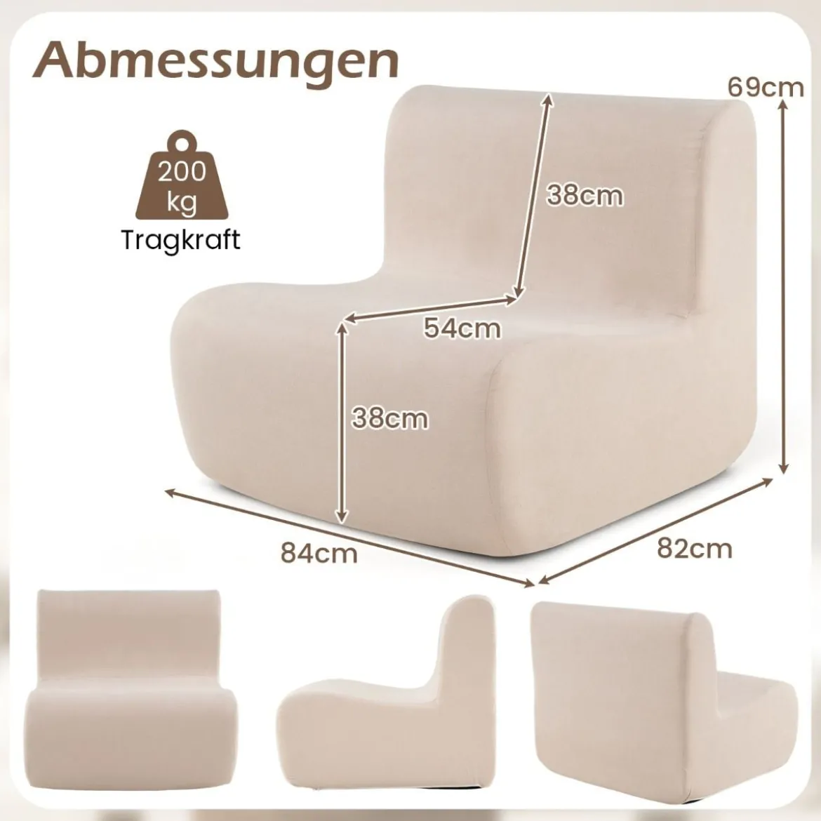 Bodensessel mit Rückenlehne & Weichem Samt & Ergonomischer Unterstützung Bodenstuhl Beige