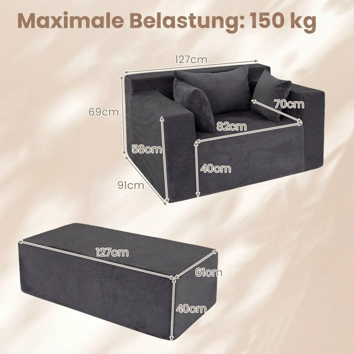 Bodensofa aus Cordstoff mit Hocker Modulares Schlafsofa mit 3 Kissen bis zu 150 kg Belastbar Grau