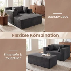 Bodensofa aus Cordstoff mit Hocker Modulares Schlafsofa mit 3 Kissen bis zu 150 kg Belastbar Grau