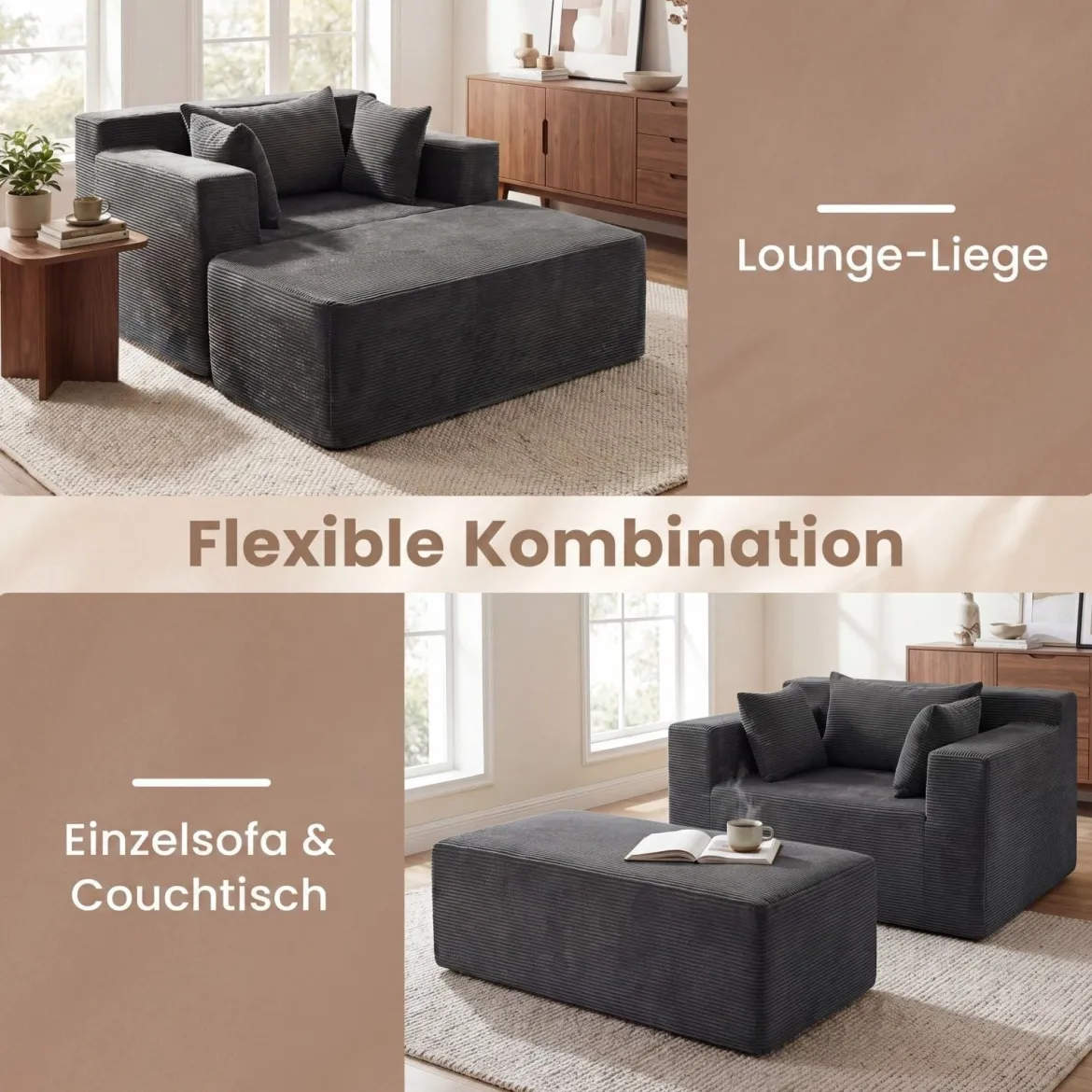 Bodensofa aus Cordstoff mit Hocker Modulares Schlafsofa mit 3 Kissen bis zu 150 kg Belastbar Grau
