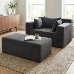 Bodensofa aus Cordstoff mit Hocker Modulares Schlafsofa mit 3 Kissen bis zu 150 kg Belastbar Grau