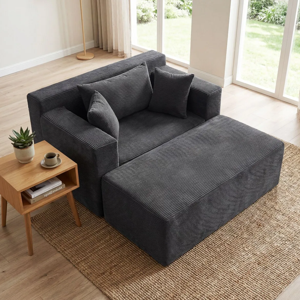 Bodensofa aus Cordstoff mit Hocker Modulares Schlafsofa mit 3 Kissen bis zu 150 kg Belastbar Grau