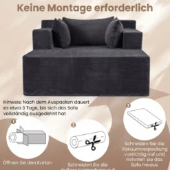 Bodensofa aus Cordstoff mit Hocker Modulares Schlafsofa mit 3 Kissen bis zu 150 kg Belastbar Grau