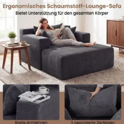 Bodensofa aus Cordstoff mit Hocker Modulares Schlafsofa mit 3 Kissen bis zu 150 kg Belastbar Grau