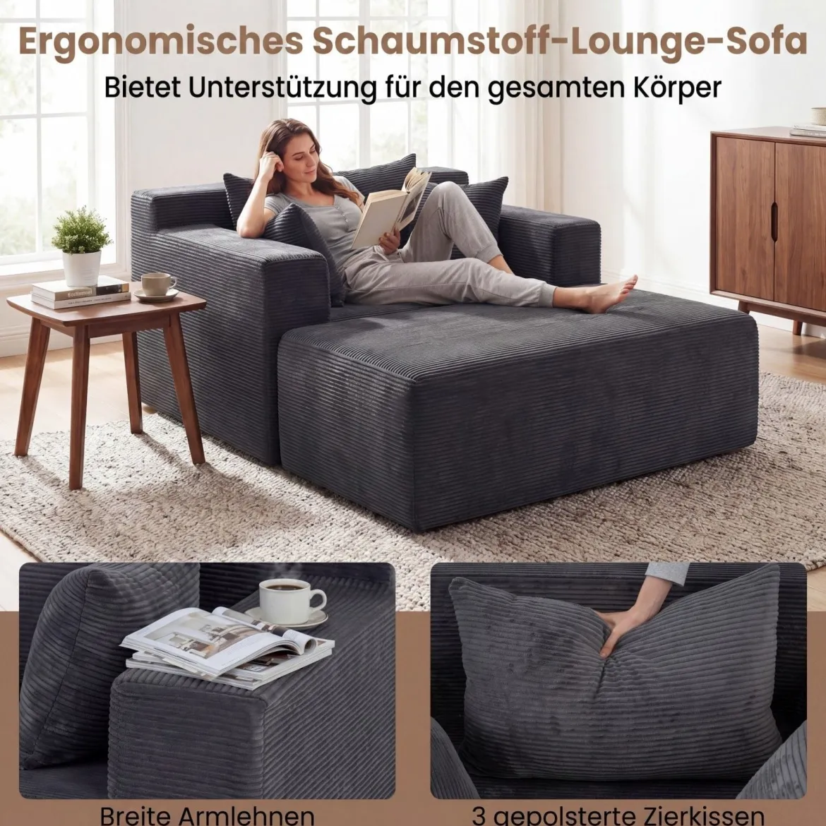 Bodensofa aus Cordstoff mit Hocker Modulares Schlafsofa mit 3 Kissen bis zu 150 kg Belastbar Grau