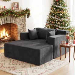 Bodensofa aus Cordstoff mit Hocker Modulares Schlafsofa mit 3 Kissen bis zu 150 kg Belastbar Grau