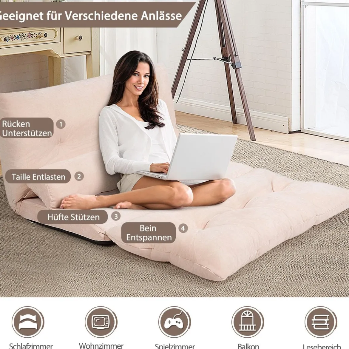 Bodensofa Bodenstuhl 6-Stufig Einstellbares Bodensessel mit 2 Kissen 180 x 98 x 18 cm Beige