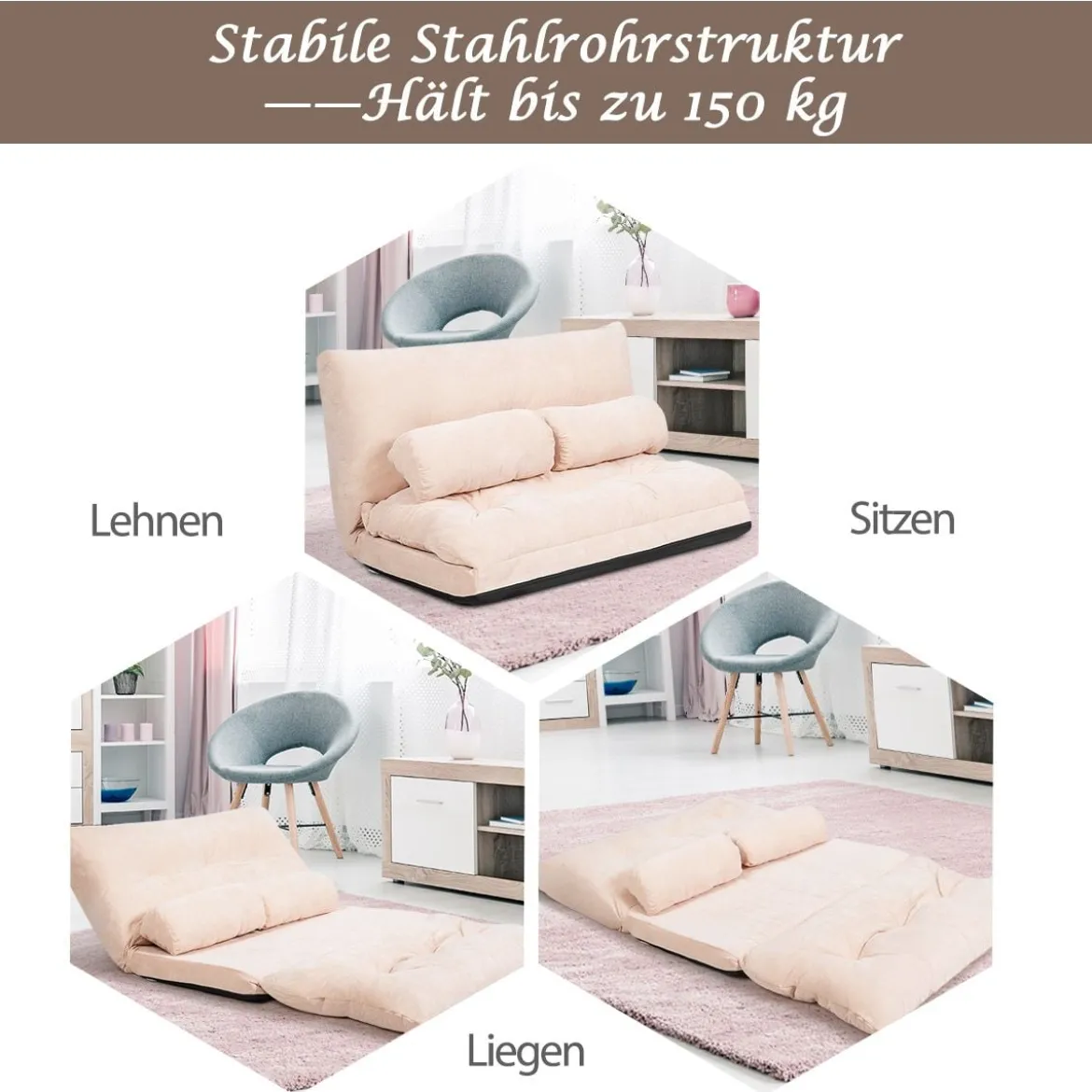 Bodensofa Bodenstuhl 6-Stufig Einstellbares Bodensessel mit 2 Kissen 180 x 98 x 18 cm Beige