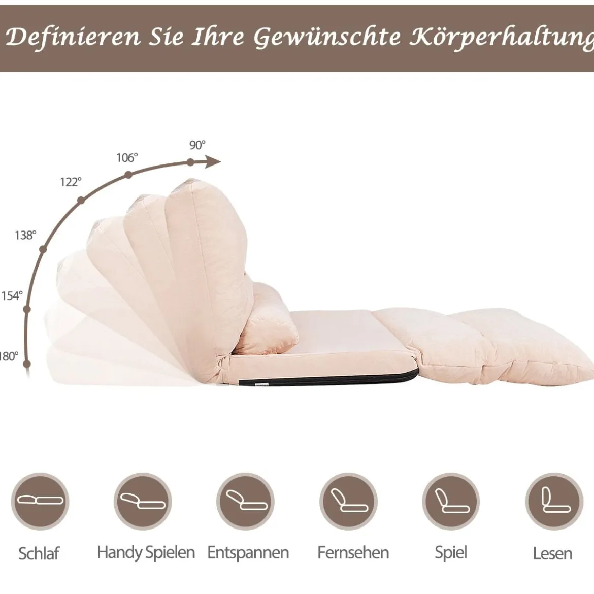 Bodensofa Bodenstuhl 6-Stufig Einstellbares Bodensessel mit 2 Kissen 180 x 98 x 18 cm Beige
