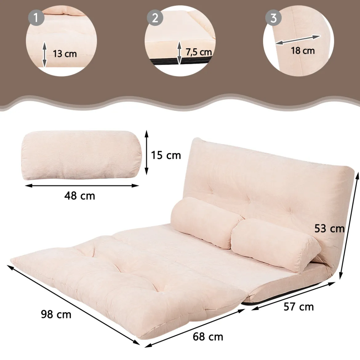 Bodensofa Bodenstuhl 6-Stufig Einstellbares Bodensessel mit 2 Kissen 180 x 98 x 18 cm Beige