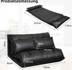 Bodensofa mit 2 Kissen Verstellbares Klappsofa aus Kunstleder Faltbar Schwarz