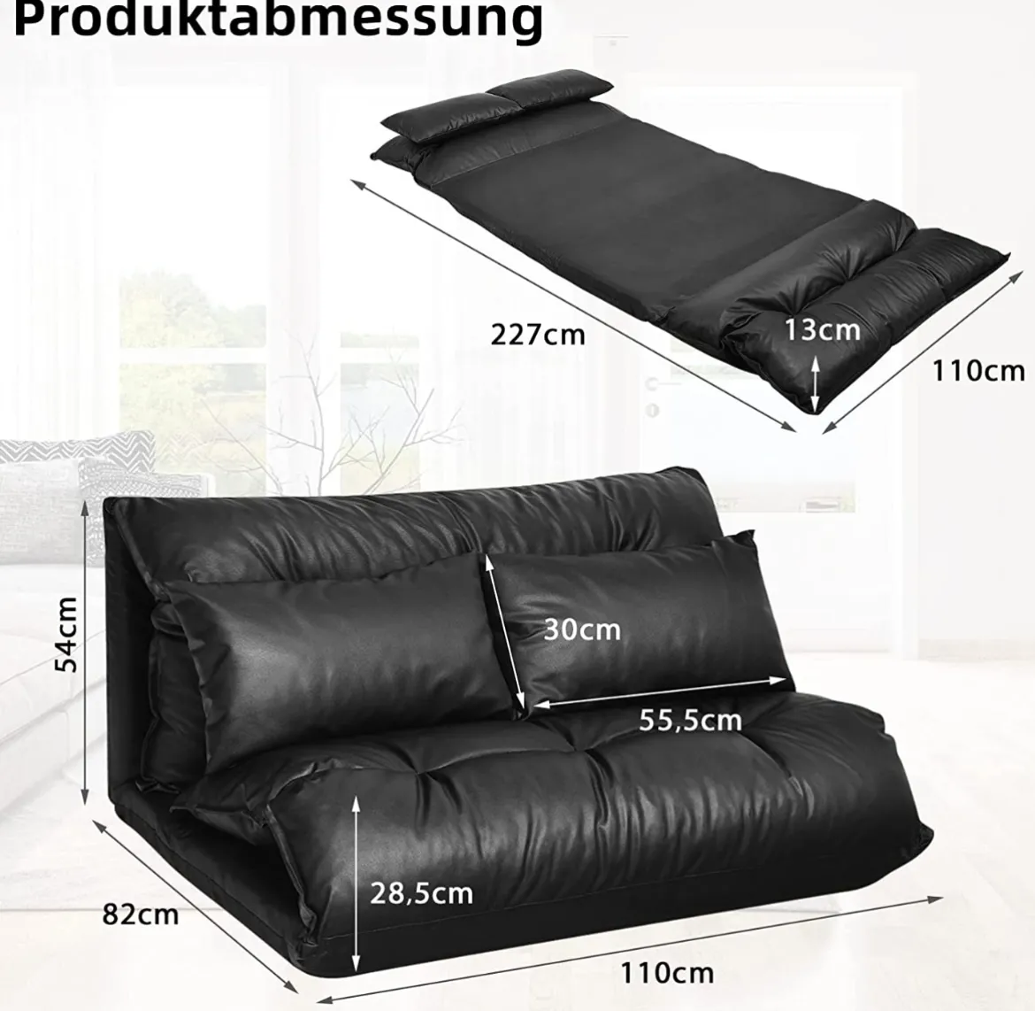 Bodensofa mit 2 Kissen Verstellbares Klappsofa aus Kunstleder Faltbar Schwarz