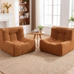Bodensofa Sitzsack mit Einteiligem Schaumstoff & Teddyplüsch Bezug mit Zierknöpfen Braun/Weiß