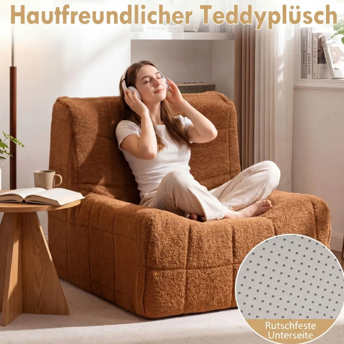 Bodensofa Sitzsack mit Einteiligem Schaumstoff & Teddyplüsch Bezug mit Zierknöpfen Braun/Weiß