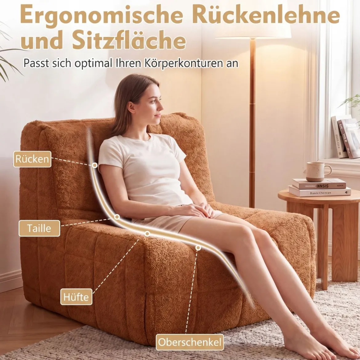 Bodensofa Sitzsack mit Einteiligem Schaumstoff & Teddyplüsch Bezug mit Zierknöpfen Braun/Weiß