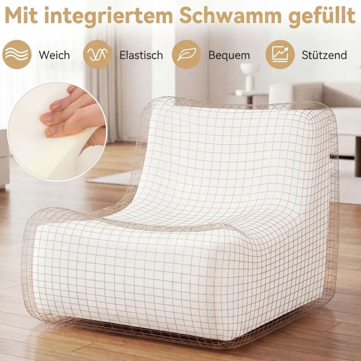 Bodensofa Sitzsack mit Einteiligem Schaumstoff & Teddyplüsch Bezug mit Zierknöpfen Braun/Weiß