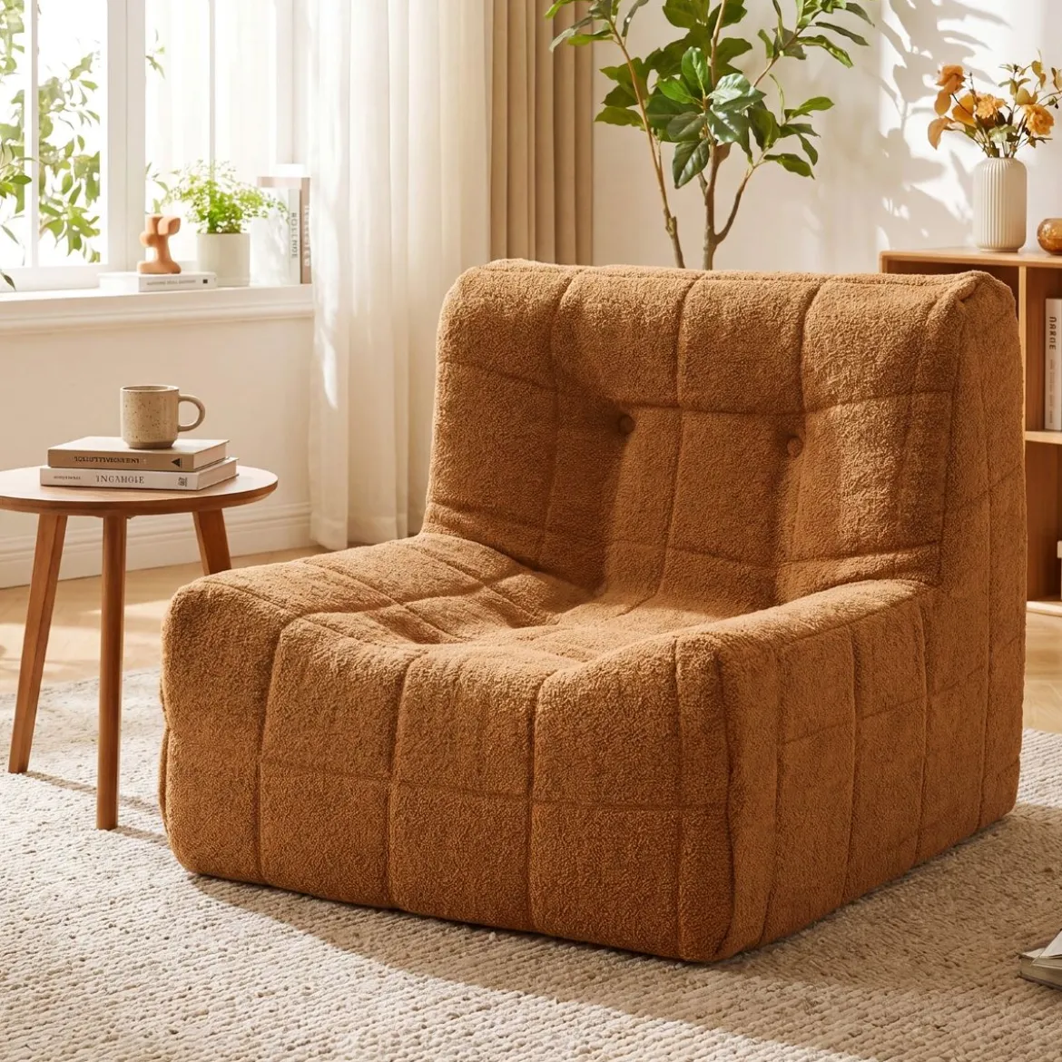 Bodensofa Sitzsack mit Einteiligem Schaumstoff & Teddyplüsch Bezug mit Zierknöpfen Braun/Weiß