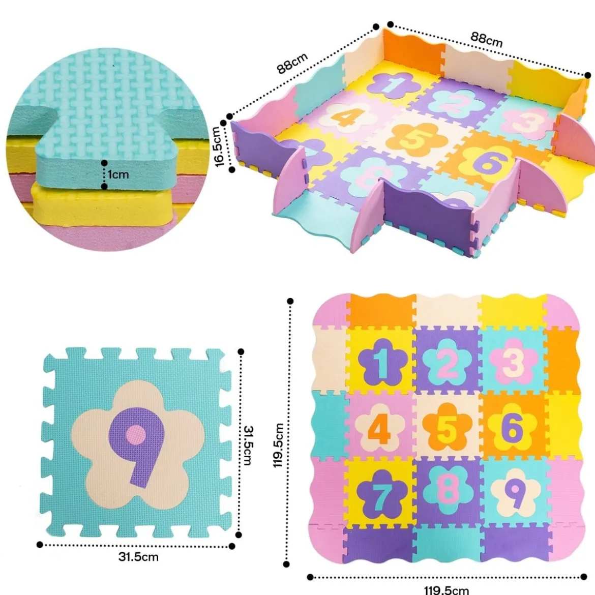 Bodenspielmatte mit abnehmbaren Blumenform- und Zahlenmustern Puzzlematte 50 Stück Bunt