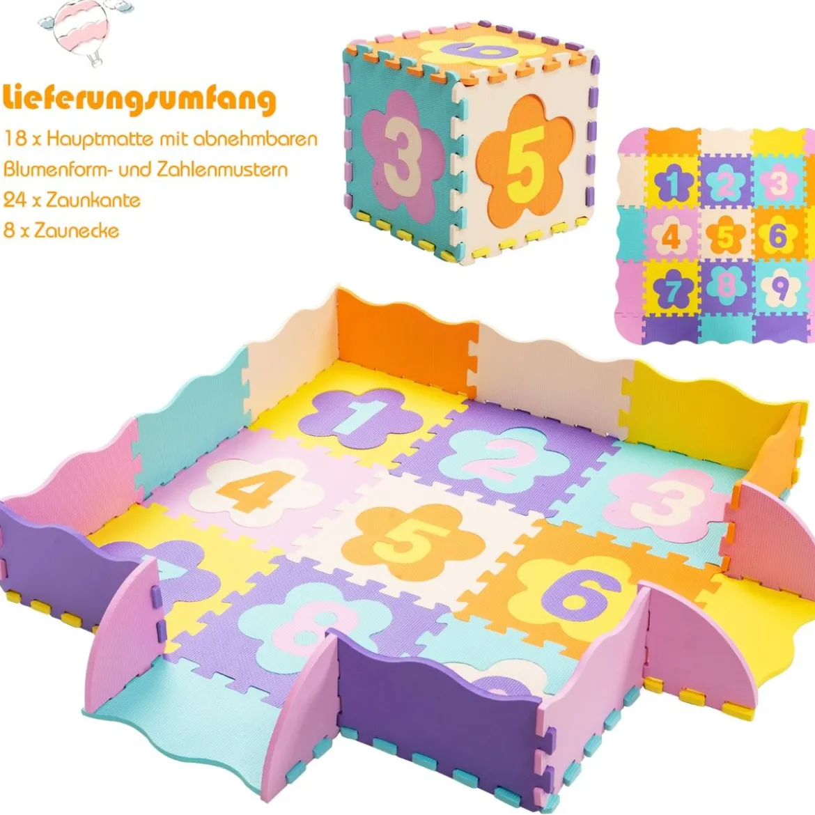 Bodenspielmatte mit abnehmbaren Blumenform- und Zahlenmustern Puzzlematte 50 Stück Bunt