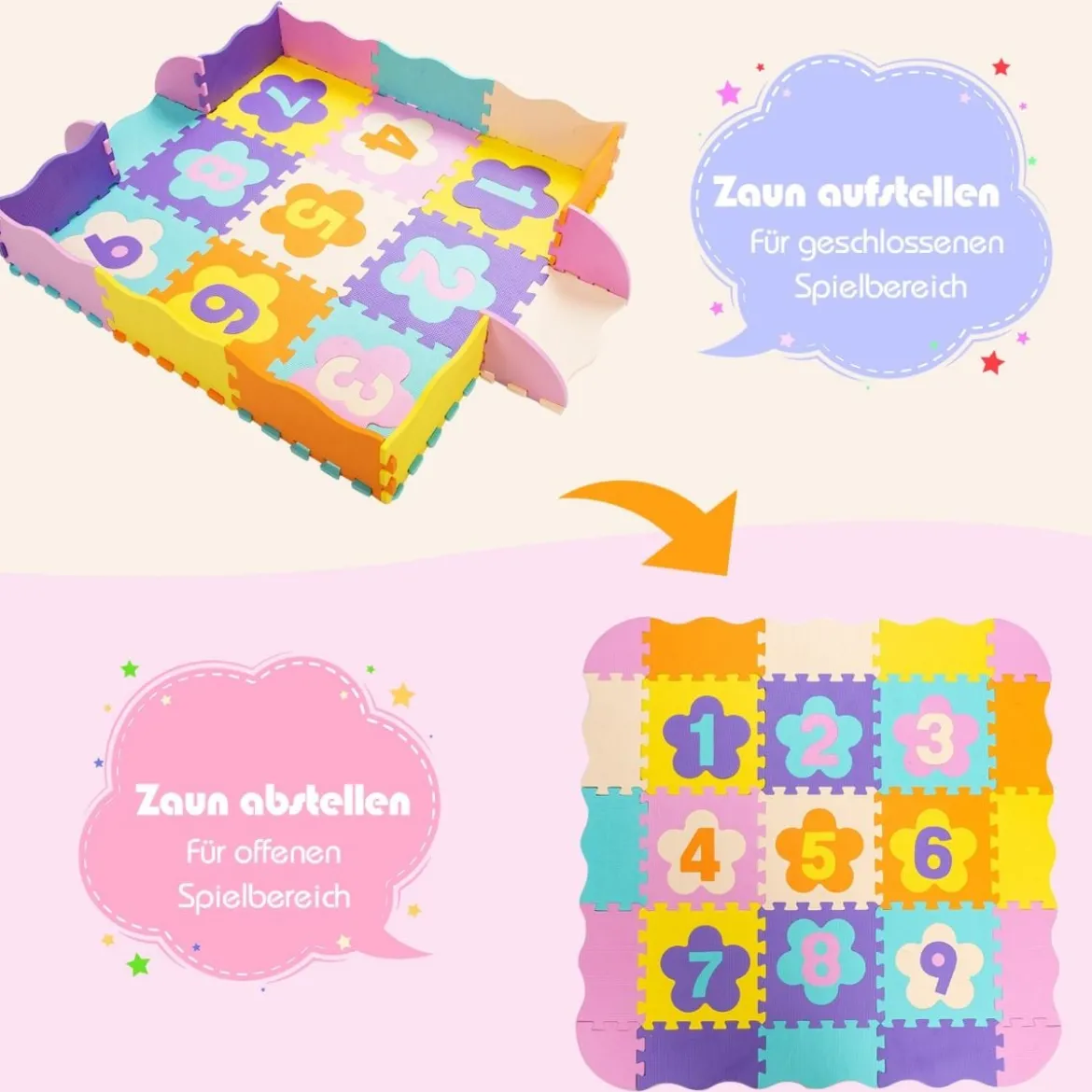 Bodenspielmatte mit abnehmbaren Blumenform- und Zahlenmustern Puzzlematte 50 Stück Bunt