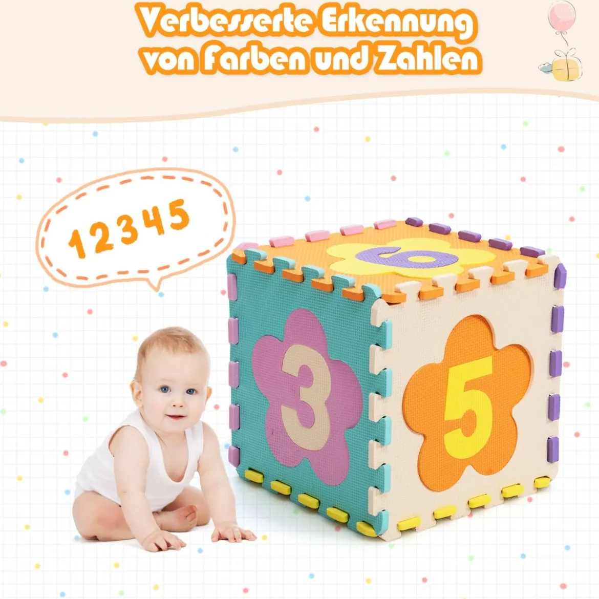 Bodenspielmatte mit abnehmbaren Blumenform- und Zahlenmustern Puzzlematte 50 Stück Bunt