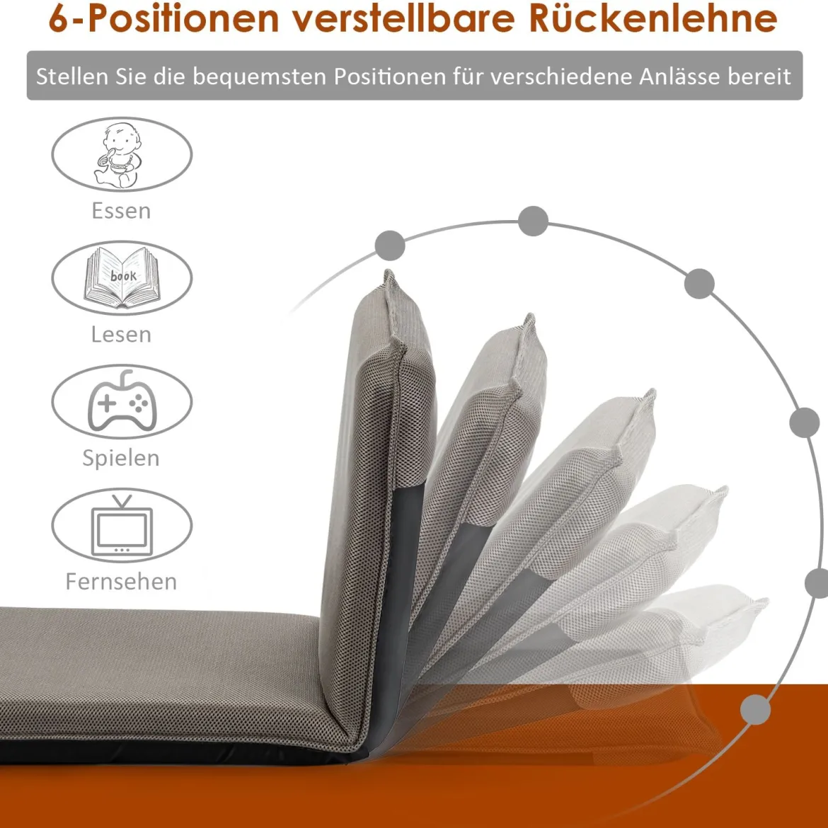 Bodenstuhl Bodensessel mit 6- stufig Verstellbarer Rückenlehne Game Sessel gepolstert Grau