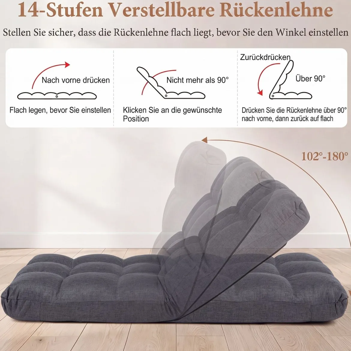 Bodenstuhl Klappbar mit 14-fach Verstellbarer Rückenlehne & Liegefunktion 61 x 54 x 56 cm