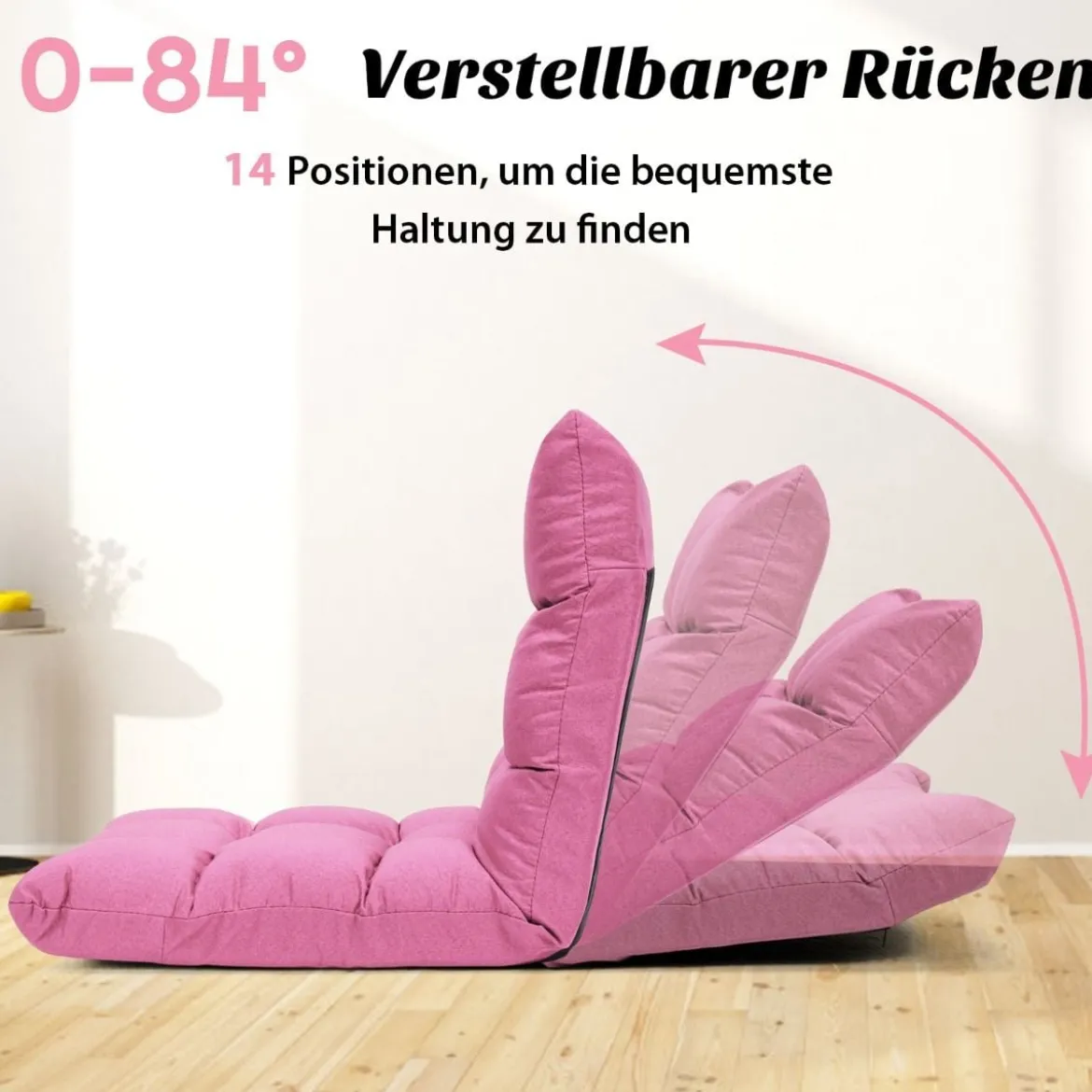 Bodenstuhl mit 14-fach Verstellbarer Lehne Bodensessel aus Schaumstoff 106,5 x 55,5 x 10 cm Dunkelrosa