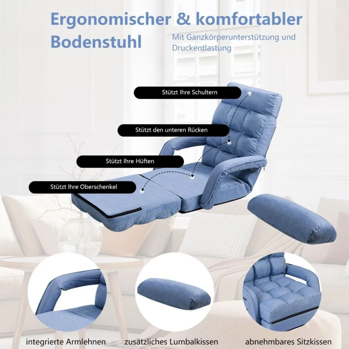 Bodenstuhl mit Schlaffunktion & Verstellbarer Rückenlehne Gepolstertes Bodensofa Klappsofa
