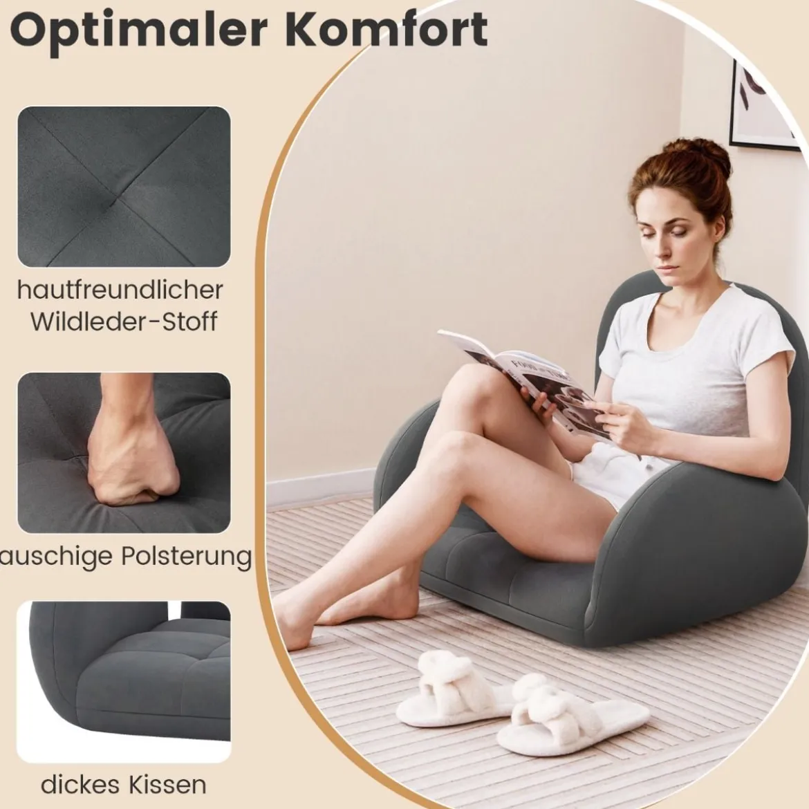 Bodenstuhl mit Verstellbarer Rückenlehne & Armlehnen Bondensofa klappbar Bodensessel Grau