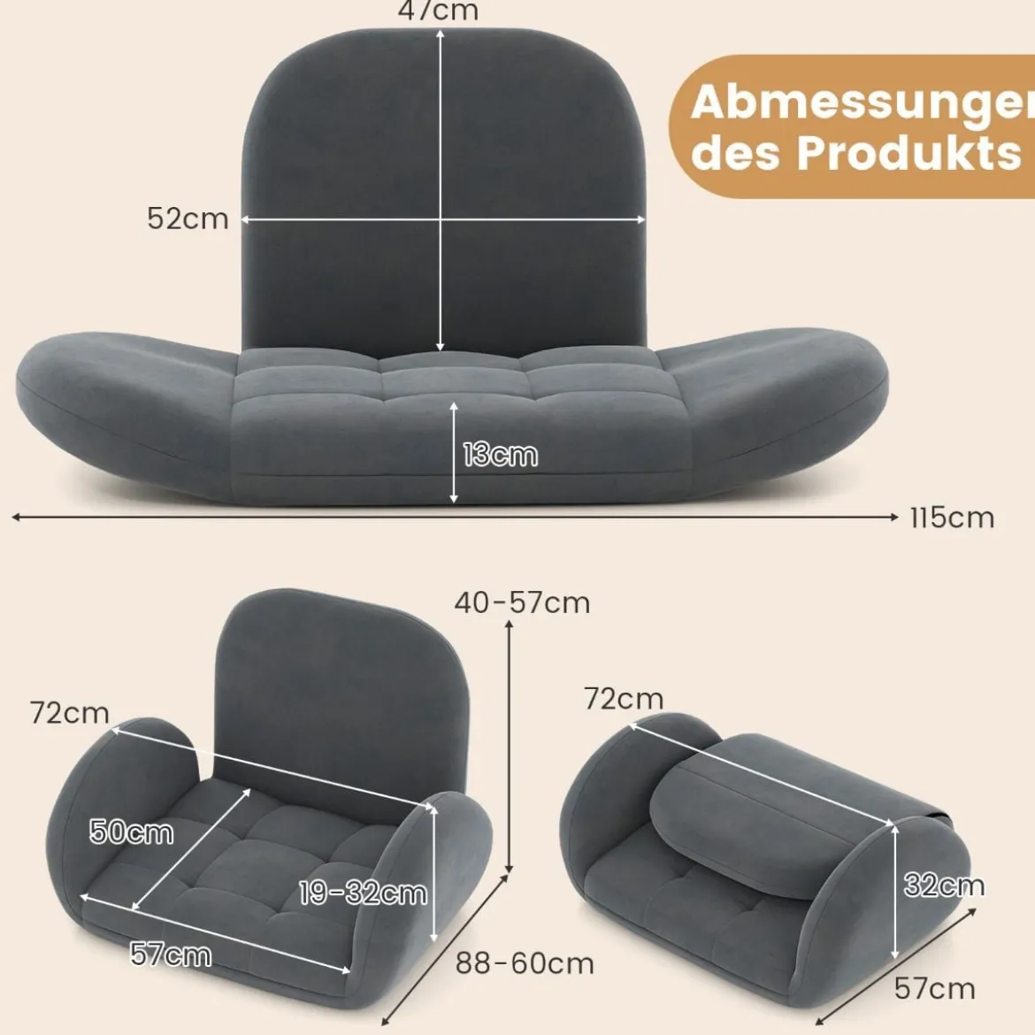 Bodenstuhl mit Verstellbarer Rückenlehne & Armlehnen Bondensofa klappbar Bodensessel Grau