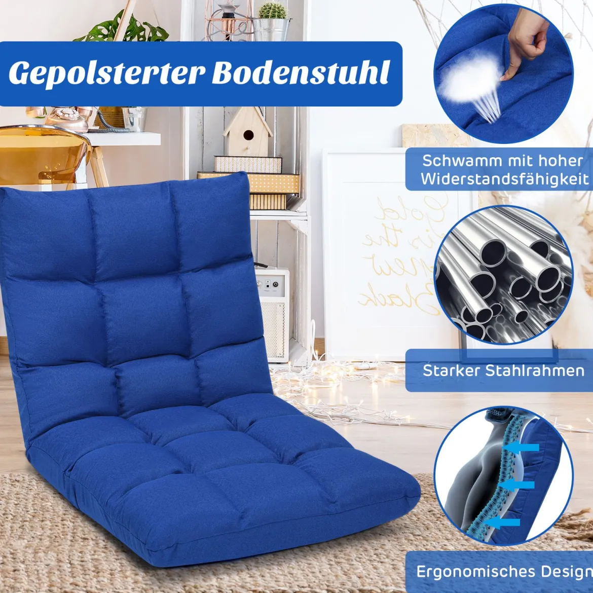Bodenstuhl mit verstellbarer Lehne Bodensessel aus Schaumstoff Bodensitz 106,5 x 55,5 x 10 cm Blau