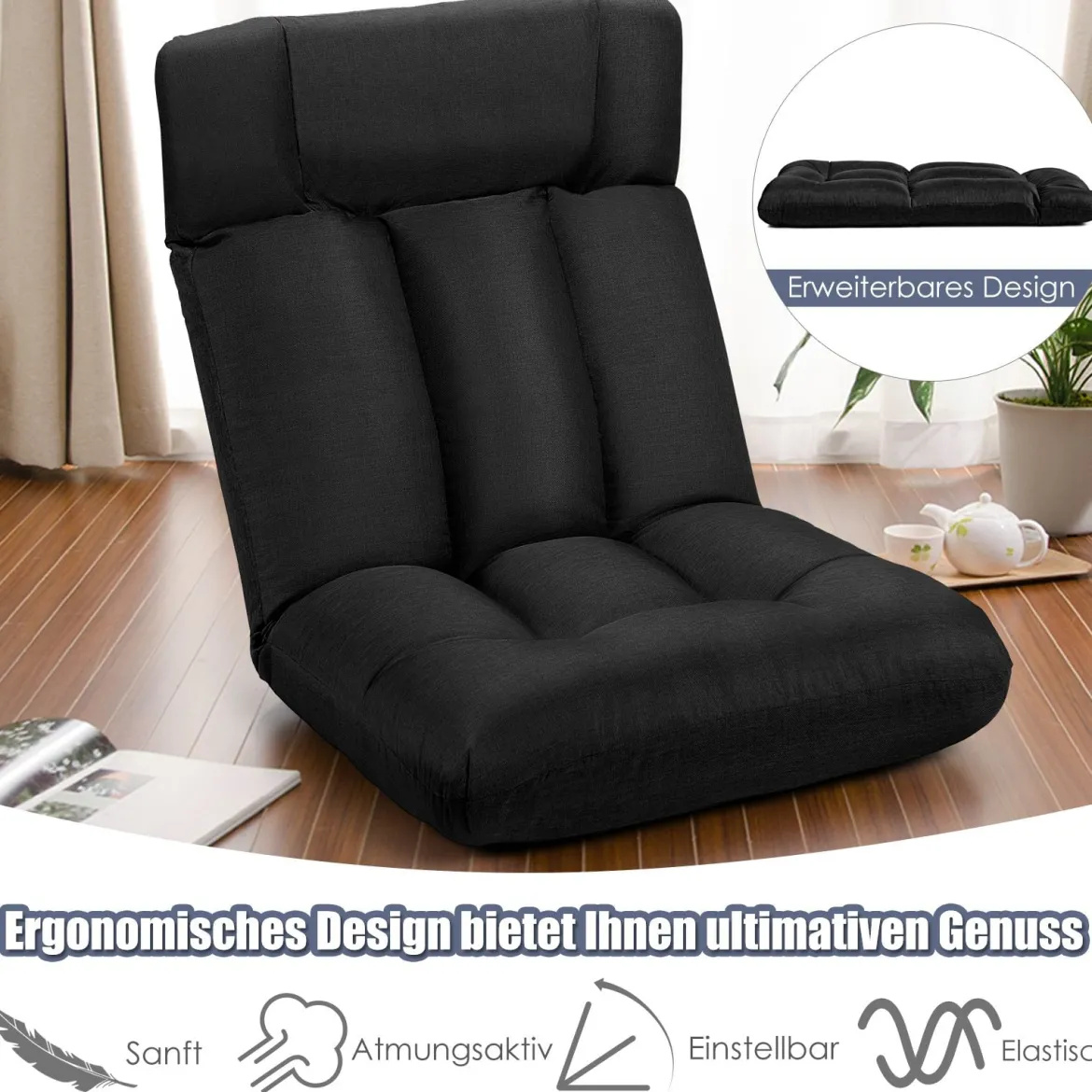 Bodenstuhl Tatami Schlafsessel Bodensessel Relaxsessel Sofastuhl Liegenfunktion Schwarz