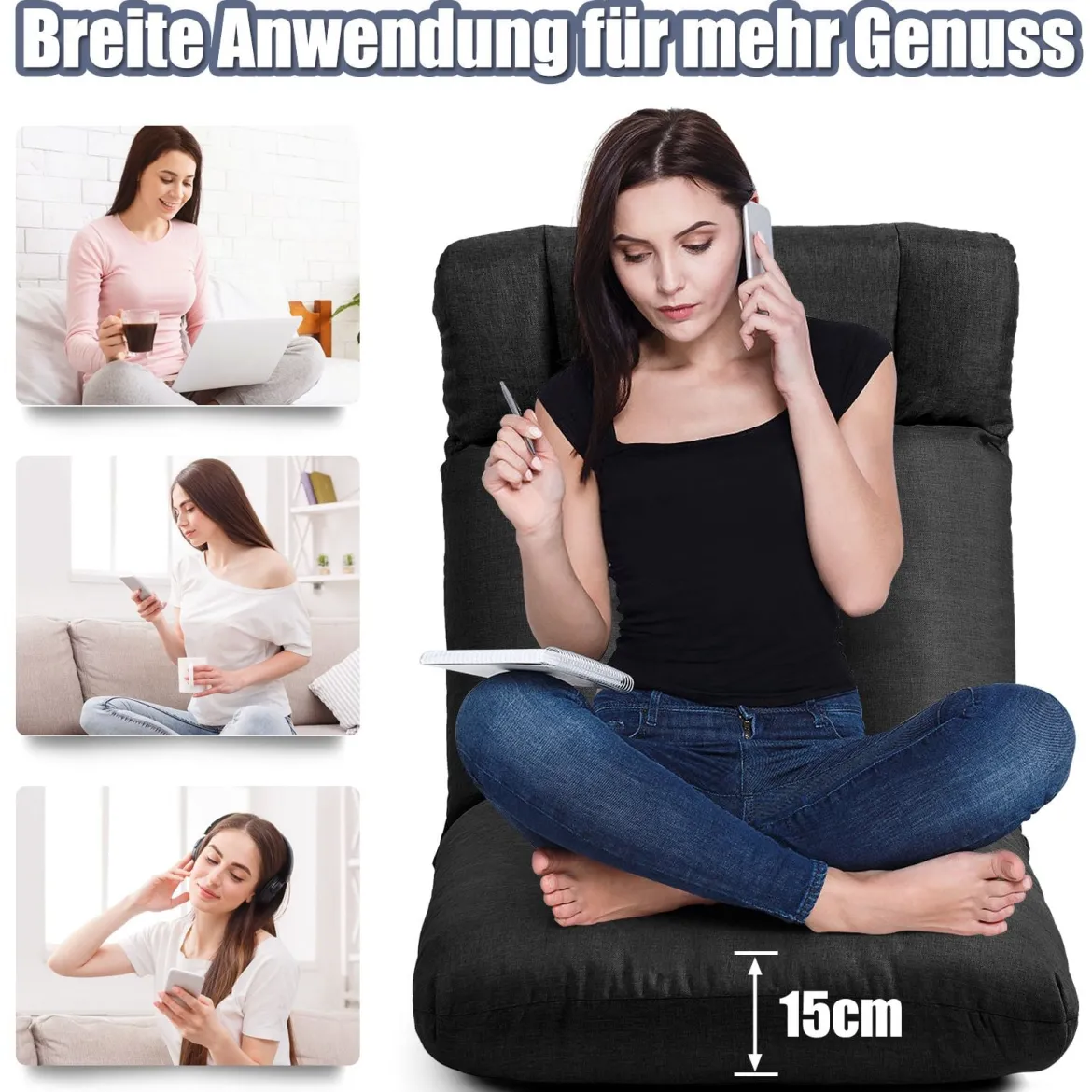 Bodenstuhl Tatami Schlafsessel Bodensessel Relaxsessel Sofastuhl Liegenfunktion Schwarz