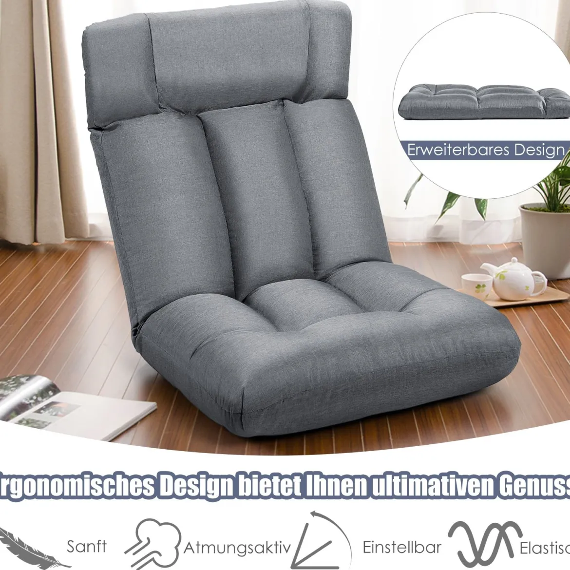 Bodenstuhl Tatami Schlafsessel Bodensessel Relaxsessel Sofastuhl Liegenfunktion Grau