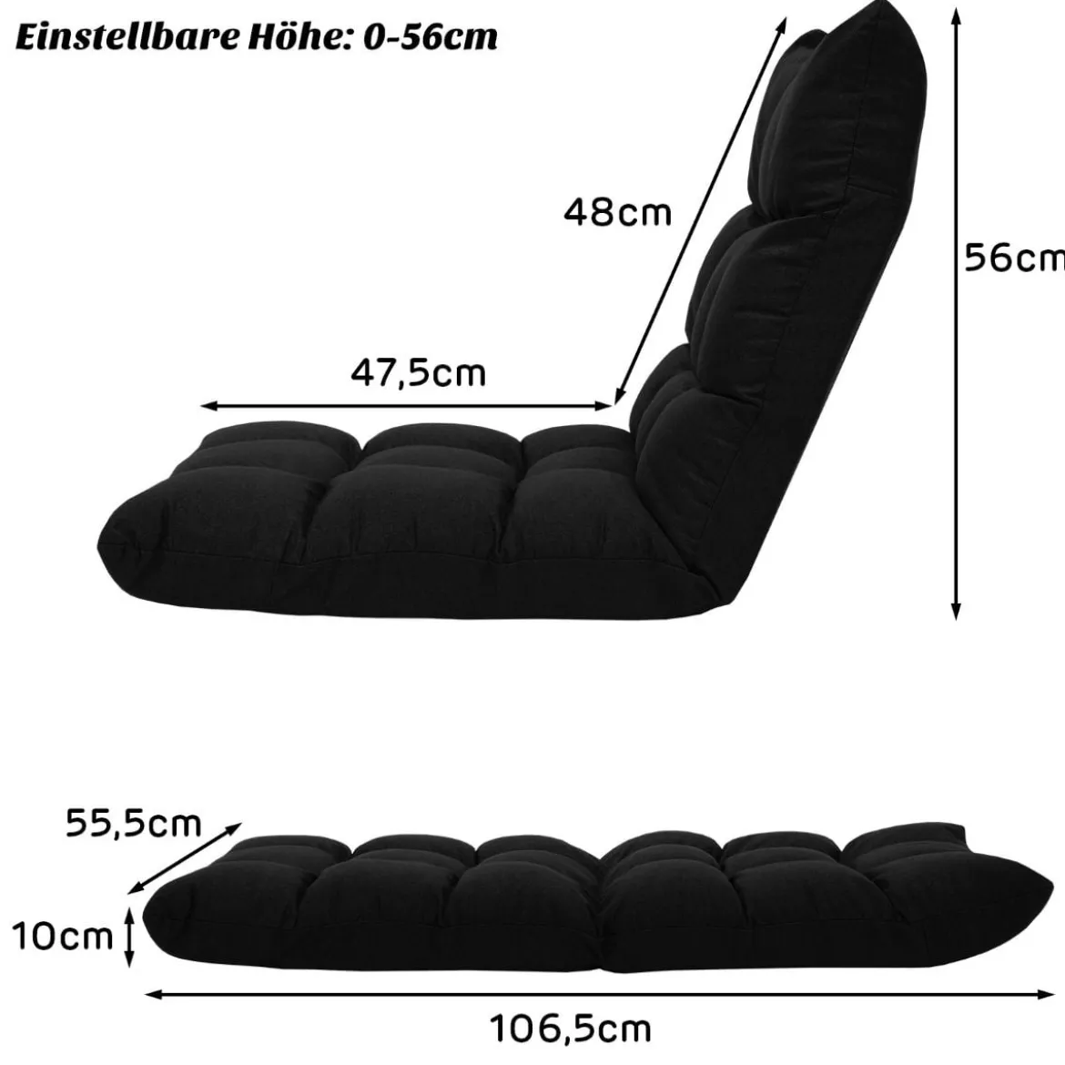 Bodenstuhl verstellbar Bodensessel gepolstert Bodenkissen mit Rückenlehne Rabenschwarz