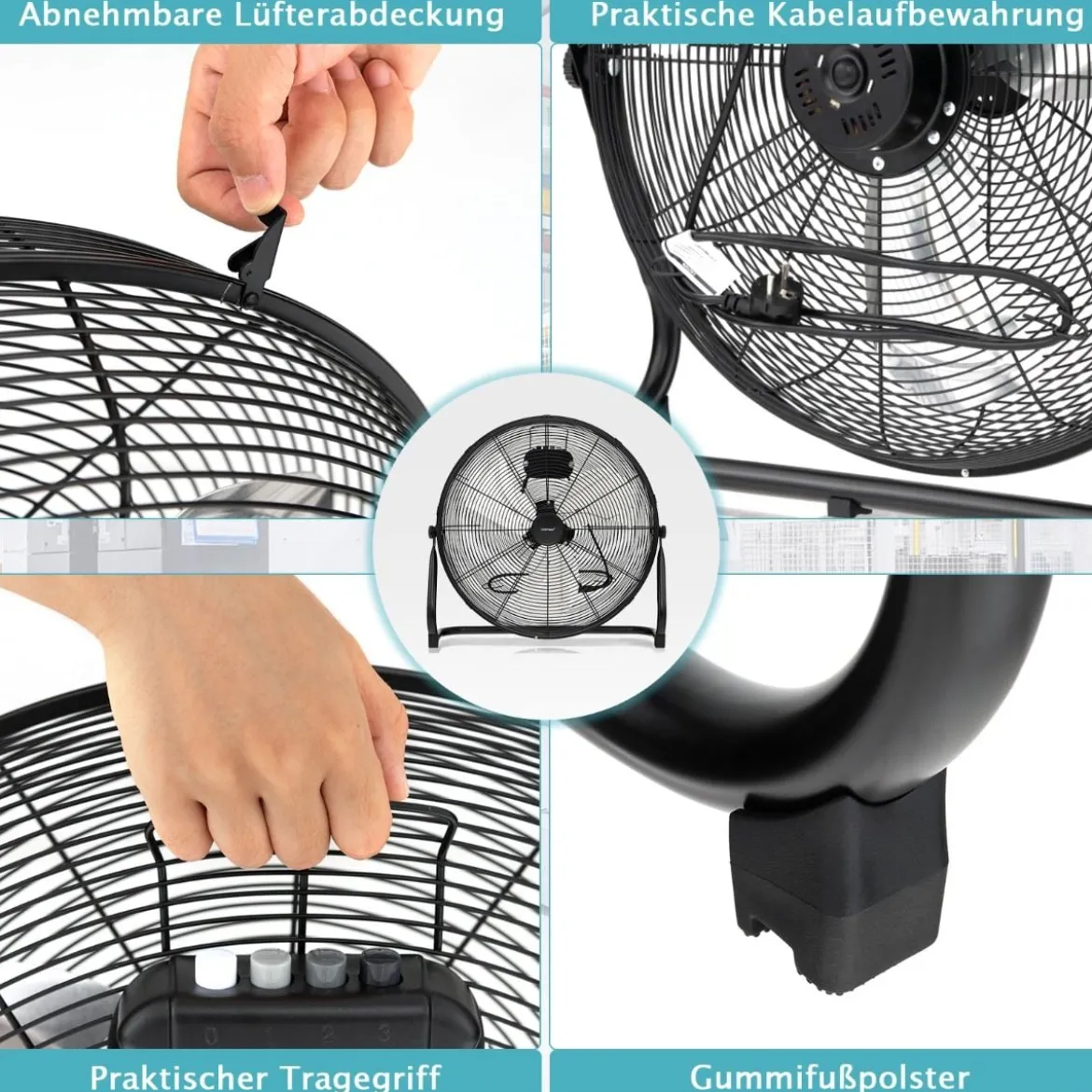Bodenventilator φ51cm Windmaschine 160W mit 3 Geschwindigkeitsstufen Boden Ventilator im Chrom Design 145° einstellbarer Neigungswinkel