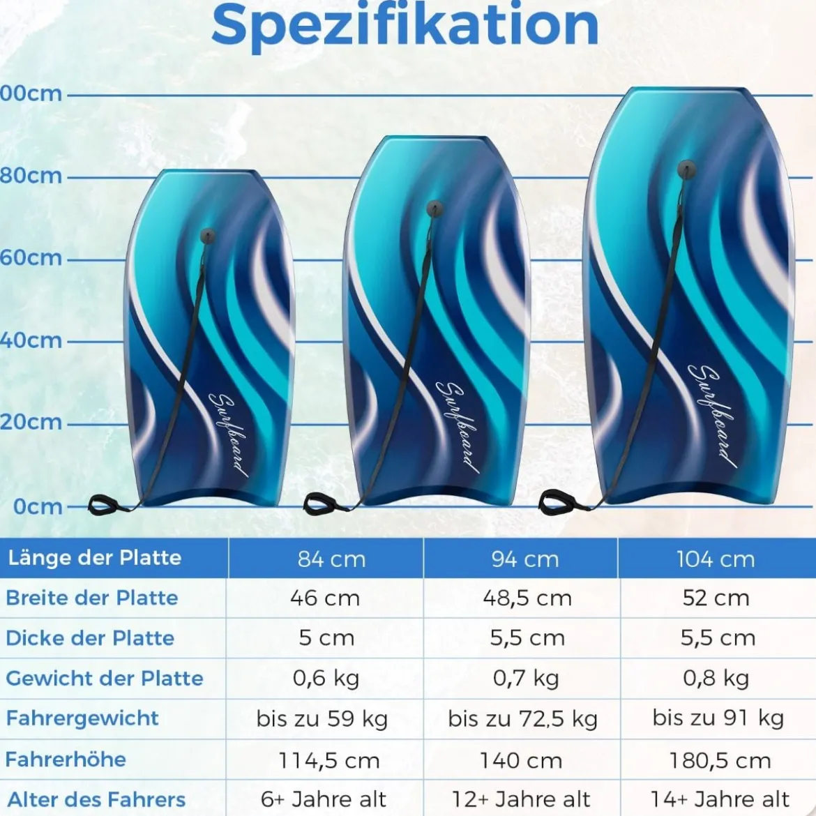 Bodyboard für Kinder Surfbrett mit EPS-Kern XPE-Deck HDPE-Unterseite & Handgelenkschlaufe 104cm