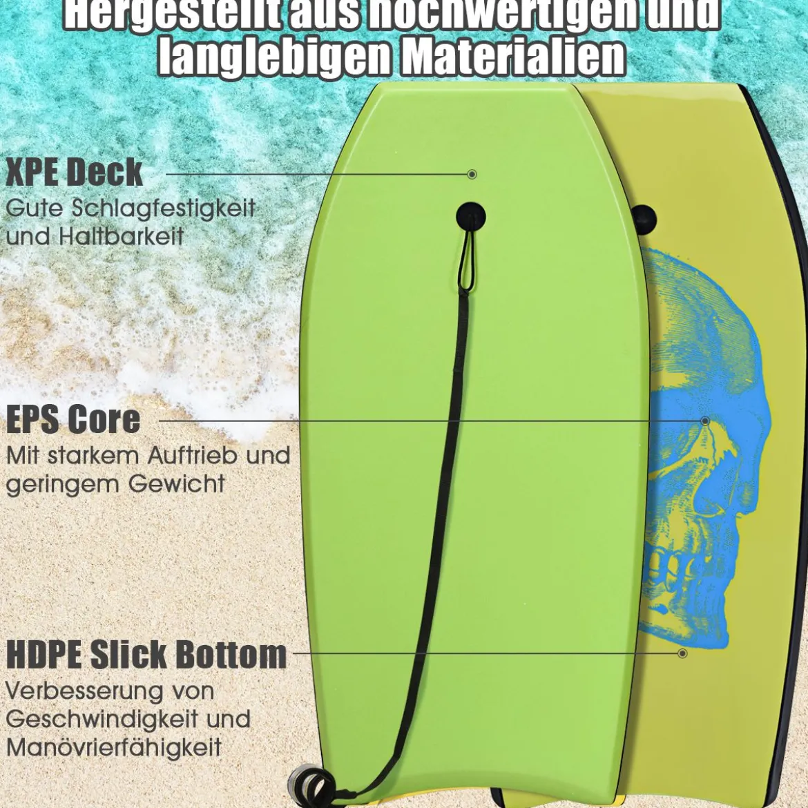 Bodyboard leichtgewichtig Schwimmbrett mit EPS-Kern & XPE Oberfläche für den Strand für Kinder & Erwachsene 106cm Grün